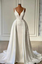 Glamorous Long Ivory A-line V-neck Sleeveless Lace Wedding Dress by misshow.com