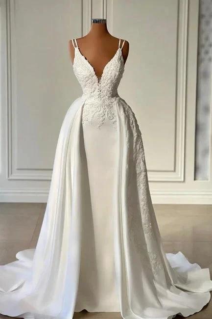 Glamorous Long Ivory A-line V-neck Sleeveless Lace Wedding Dress by misshow.com