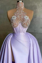 Glamorous Long Lilac A-line High Neck Lace Satin Prom Dress with Slit by misshow.com