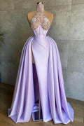 Glamorous Long Lilac A-line High Neck Lace Satin Prom Dress with Slit by misshow.com