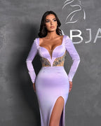 Glamorous Long Lilac Mermaid Beading Long Sleeves Prom Dress With Slit by misshow.com