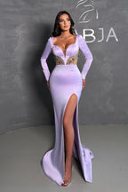 Glamorous Long Lilac Mermaid Beading Long Sleeves Prom Dress With Slit by misshow.com