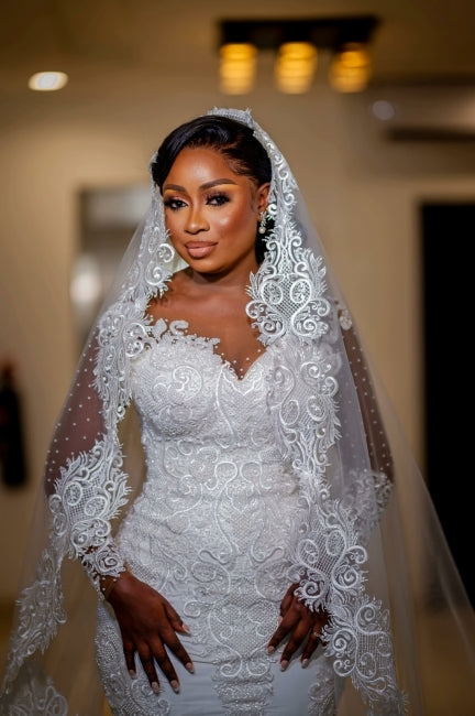 Glamorous Long Mermaid Appliques Long Sleeves Wedding Dresses With Lace