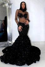 Glamorous Long Mermaid High Neck Flowers Sequined Prom Dress With Long Sleeves by misshow.com