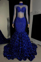 Glamorous Long Mermaid High Neck Flowers Sequined Prom Dress With Long Sleeves by misshow.com