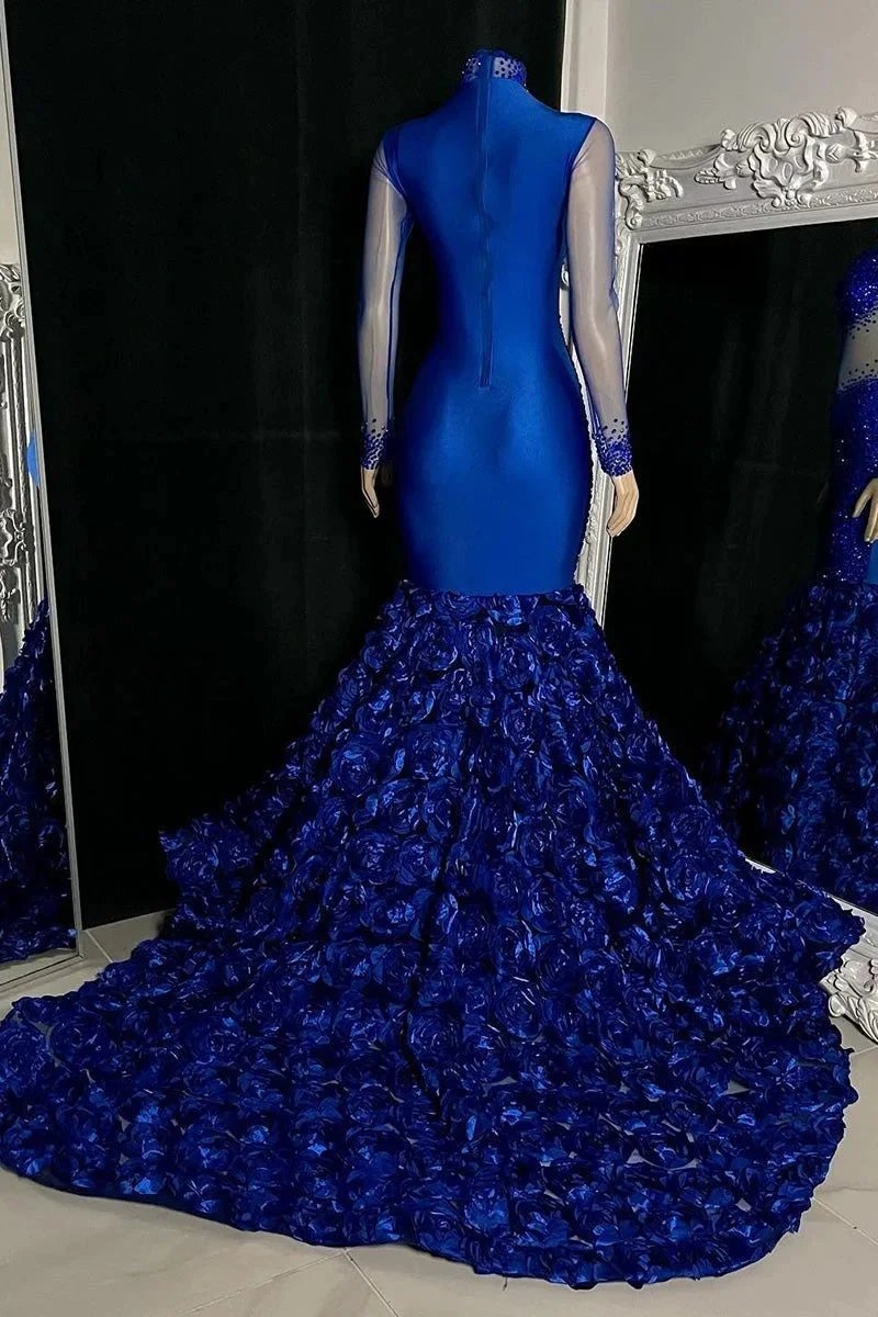 Glamorous Long Mermaid High Neck Flowers Sequined Prom Dress With Long Sleeves by misshow.com
