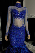 Glamorous Long Mermaid High Neck Flowers Sequined Prom Dress With Long Sleeves by misshow.com