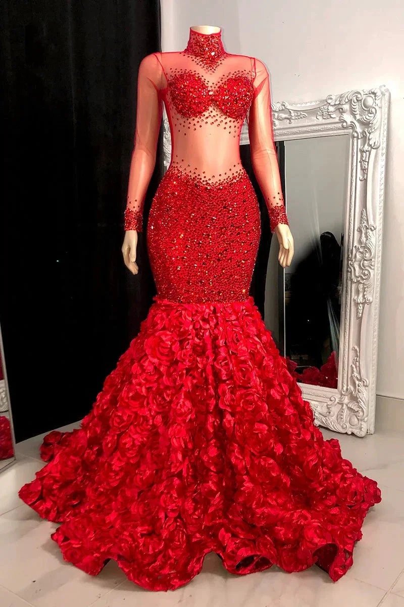 Glamorous Long Mermaid High Neck Flowers Sequined Prom Dress With Long Sleeves by misshow.com