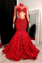 Glamorous Long Mermaid High Neck Flowers Sequined Prom Dress With Long Sleeves by misshow.com