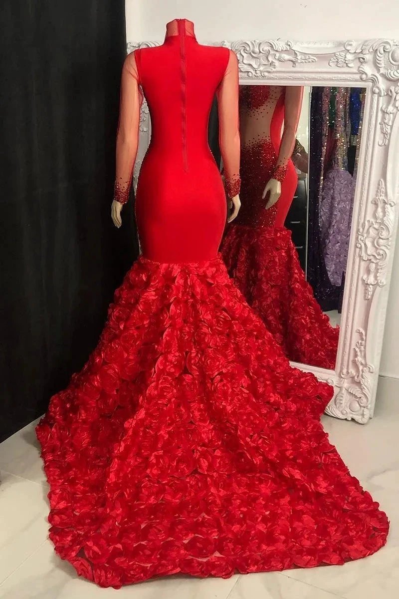 Glamorous Long Mermaid High Neck Flowers Sequined Prom Dress With Long Sleeves by misshow.com