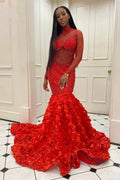 Glamorous Long Mermaid High Neck Flowers Sequined Prom Dress With Long Sleeves by misshow.com