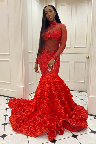 Glamorous Long Mermaid High Neck Flowers Sequined Prom Dress With Long Sleeves