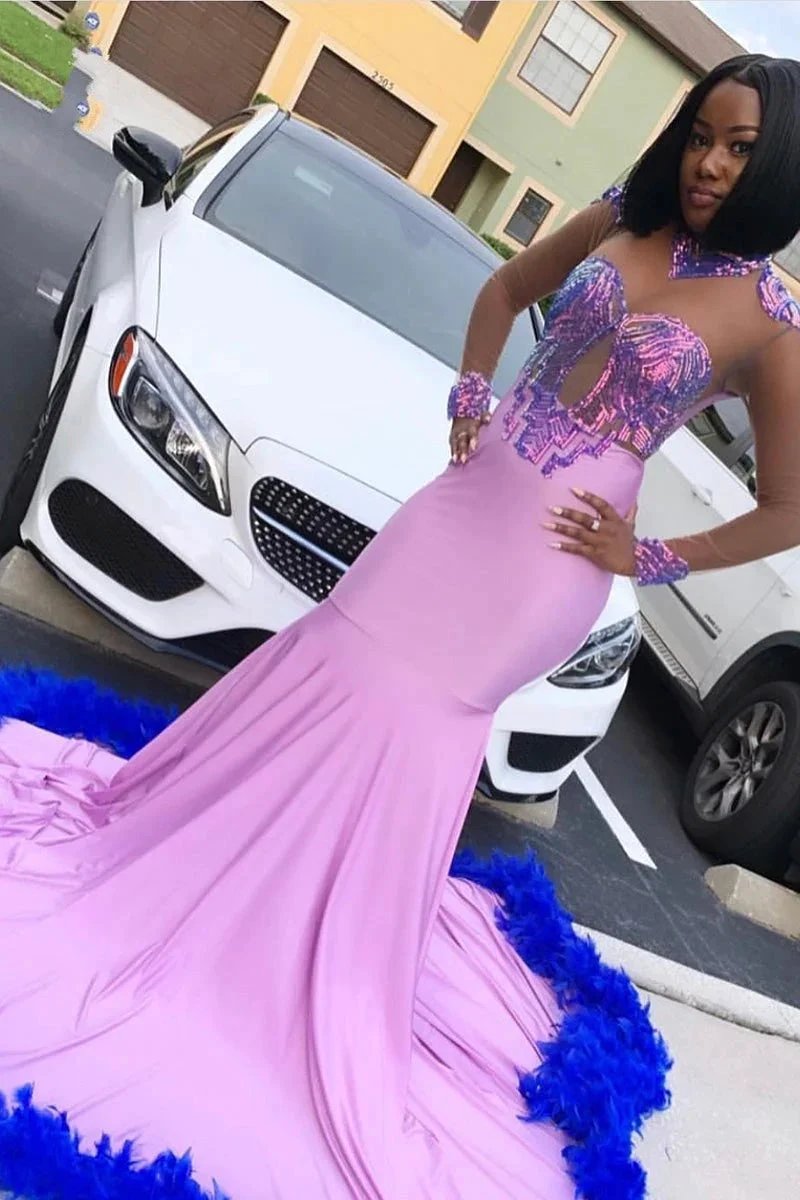 Glamorous Long Mermaid Lace Satin Prom Dress With Long Sleeves by misshow.com