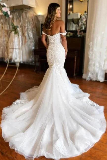 Glamorous Long Mermaid Off-the-shoulder Lace Sleeveless Wedding Dress with Train by misshow.com