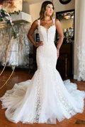 Glamorous Long Mermaid Off-the-shoulder Lace Sleeveless Wedding Dress with Train by misshow.com