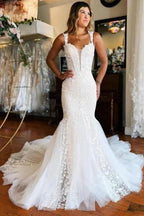 Glamorous Long Mermaid Off-the-shoulder Lace Sleeveless Wedding Dress with Train by misshow.com