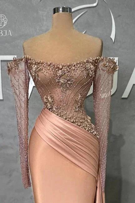 Glamorous Long Mermaid Off-the-shoulder Satin Beading Pearls Prom Dress with Long Sleeves by misshow.com