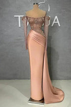 Glamorous Long Mermaid Off-the-shoulder Satin Beading Pearls Prom Dress with Long Sleeves by misshow.com