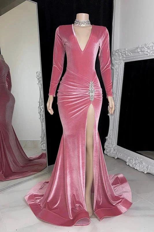 Glamorous Long Mermaid Sleeveless V-neck Split Front Prom Dress by misshow.com
