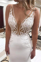 Glamorous Long Mermaid Straps Appliques Lace V-Neck Wedding Dresses by BIZTUNNEL