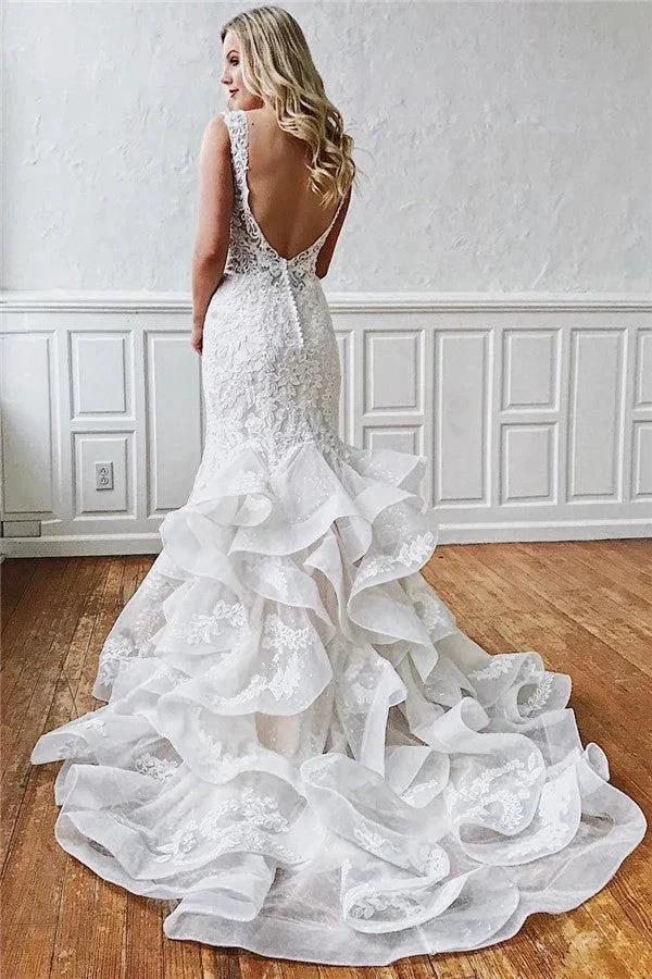 Glamorous Long Mermaid Straps Ruffled Lace Wedding Dresses by BIZTUNNEL