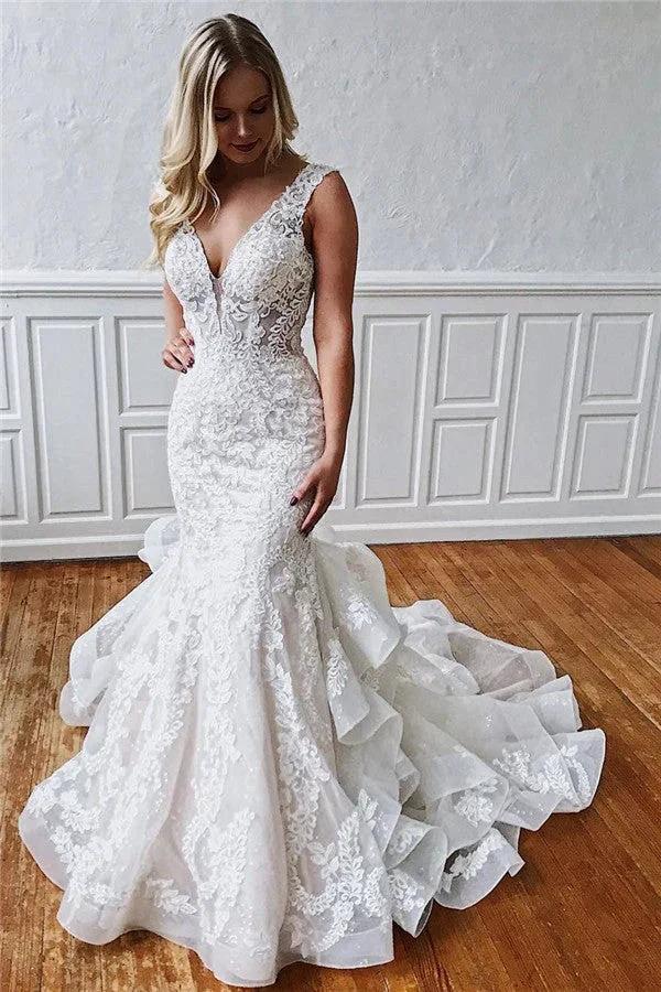 Glamorous Long Mermaid Straps Ruffled Lace Wedding Dresses by BIZTUNNEL