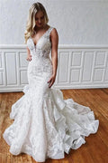 Glamorous Long Mermaid Straps Ruffled Lace Wedding Dresses by BIZTUNNEL