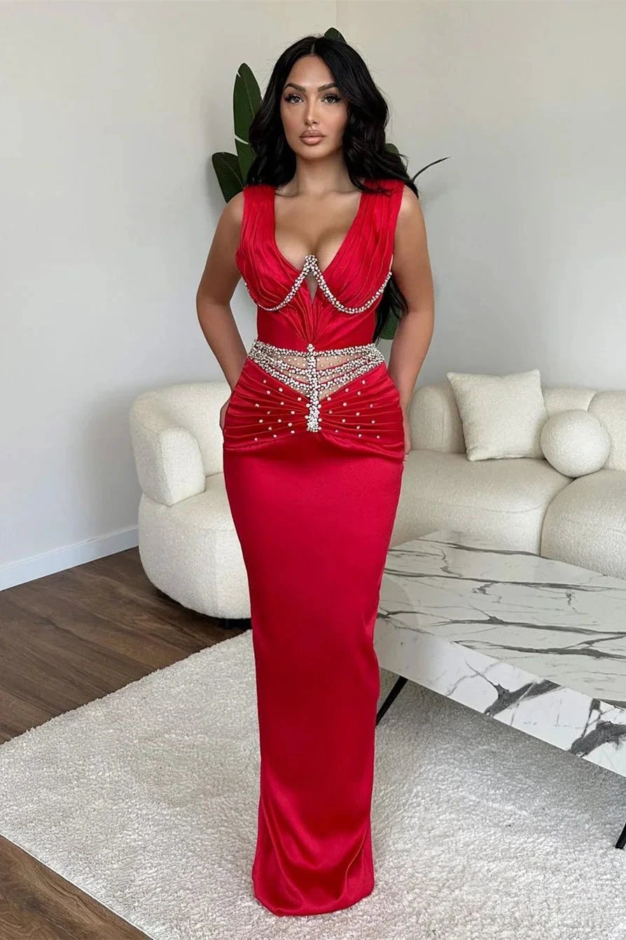 Glamorous Long Mermaid V-neck Rhinestones Sleeveless Prom Dress by misshow.com