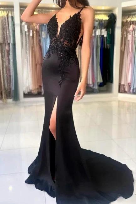 Glamorous Long Mermaid V-neck Spaghetti Straps Lace Prom Dress with Slit by misshow.com