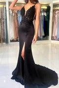 Glamorous Long Mermaid V-neck Spaghetti Straps Lace Prom Dress with Slit by misshow.com