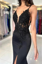 Glamorous Long Mermaid V-neck Spaghetti Straps Lace Prom Dress with Slit by misshow.com