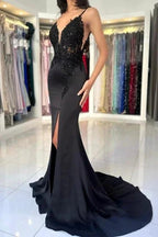 Glamorous Long Mermaid V-neck Spaghetti Straps Lace Prom Dress with Slit by misshow.com