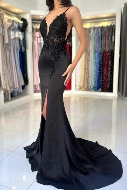 Glamorous Long Mermaid V-neck Spaghetti Straps Lace Prom Dress with Slit by misshow.com
