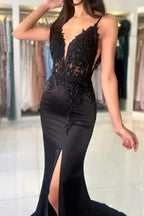 Glamorous Long Mermaid V-neck Spaghetti Straps Lace Prom Dress with Slit by misshow.com