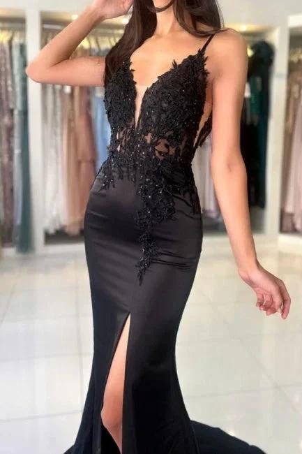 Glamorous Long Mermaid V-neck Spaghetti Straps Lace Prom Dress with Slit by misshow.com