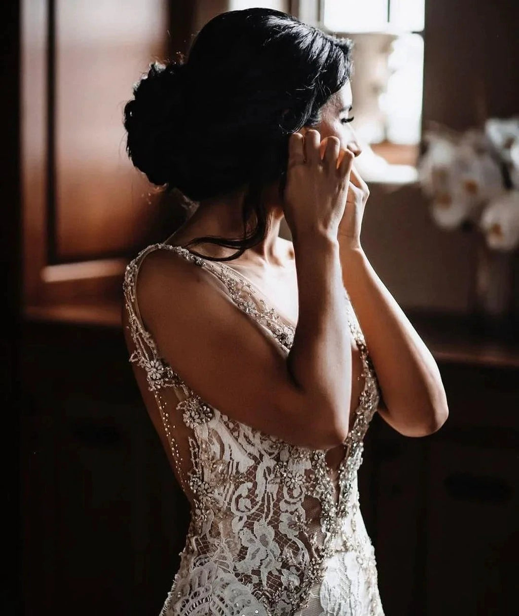 Glamorous Long Mermaid V-neck Wide Straps Appliques Lace Open Back Wedding Dress by BIZTUNNEL