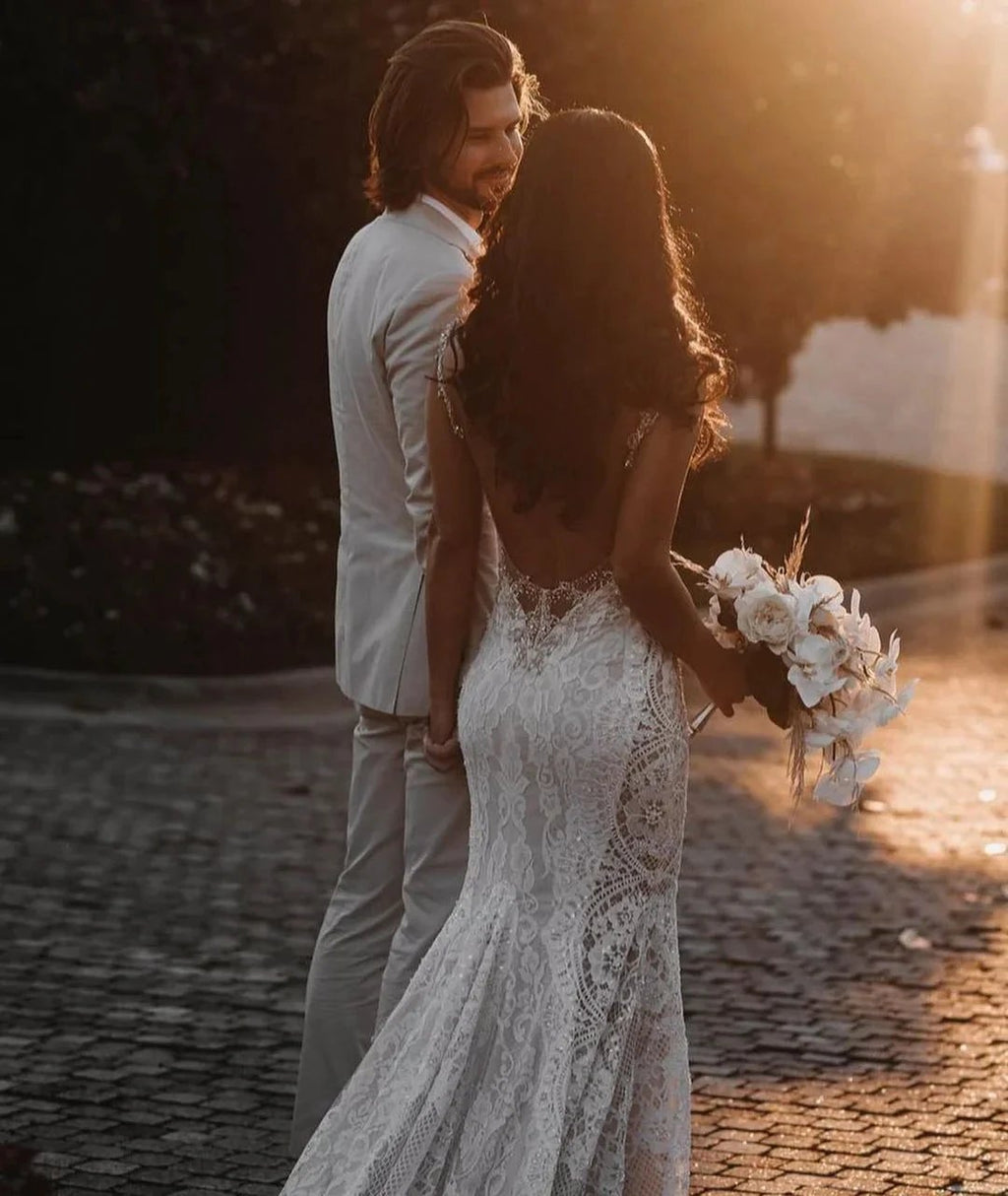 Glamorous Long Mermaid V-neck Wide Straps Appliques Lace Open Back Wedding Dress by BIZTUNNEL