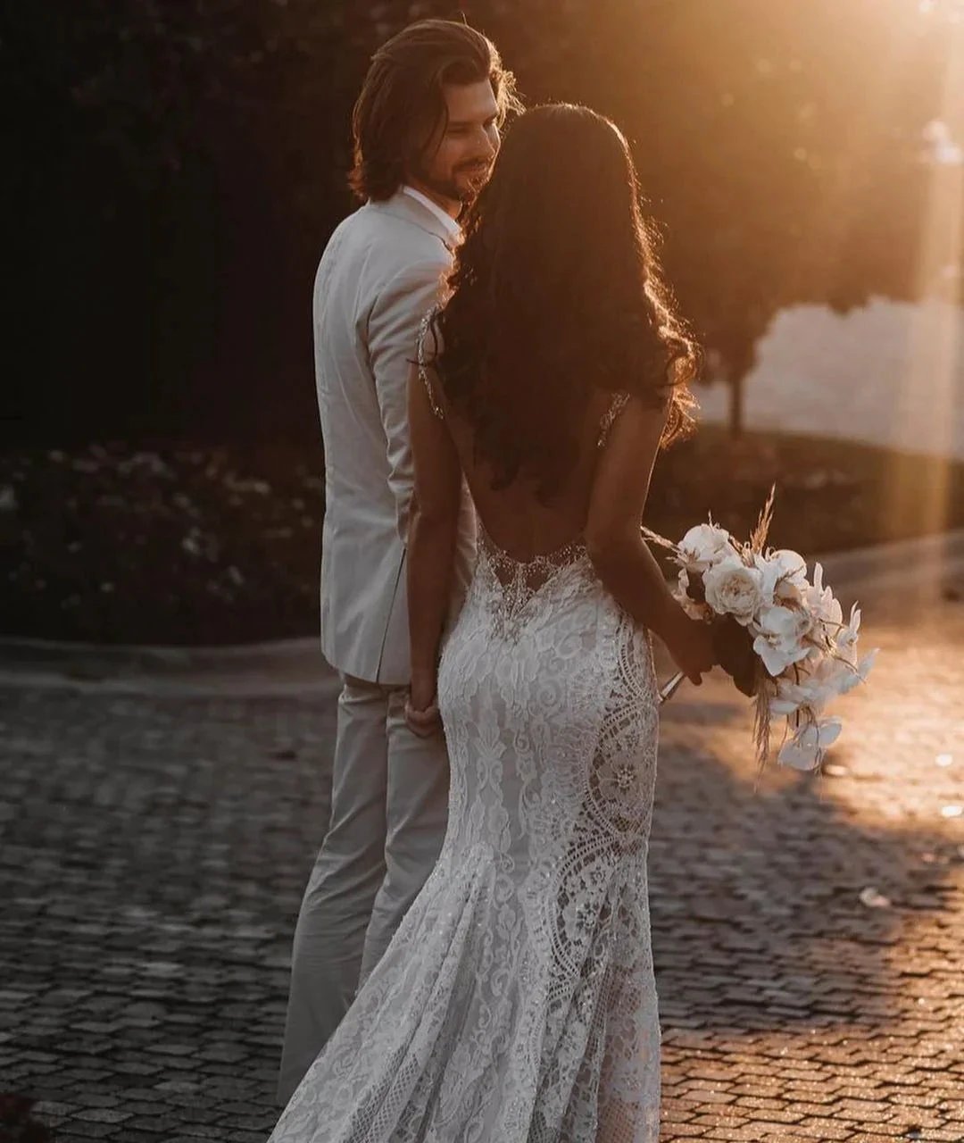 Glamorous Long Mermaid V-neck Wide Straps Appliques Lace Open Back Wedding Dress by BIZTUNNEL