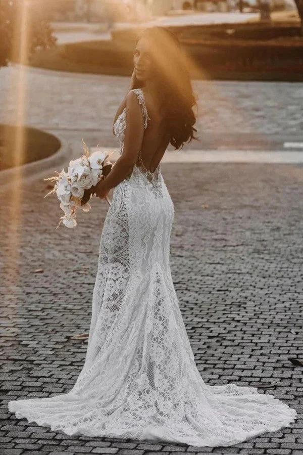Glamorous Long Mermaid V-neck Wide Straps Appliques Lace Open Back Wedding Dress by BIZTUNNEL