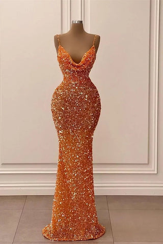 Glamouröses langes orangefarbenes, ärmelloses Meerjungfrau-Ballkleid mit Spaghettiträgern und Pailletten