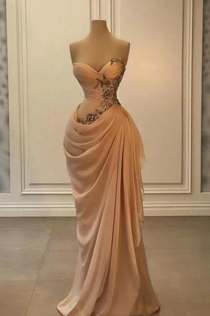 Glamorous Long Peach Strapless Sweetheart Satin Chiffon Sleeveless Prom Dress with Beads by misshow.com