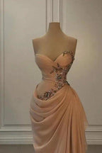 Glamorous Long Peach Strapless Sweetheart Satin Chiffon Sleeveless Prom Dress with Beads by misshow.com