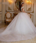 Glamorous Long Princess Off the Shoulder Beading Pearl Tulle Wedding Dress by BIZTUNNEL