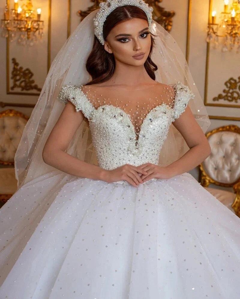 Glamorous Long Princess Off the Shoulder Beading Pearl Tulle Wedding Dress by BIZTUNNEL