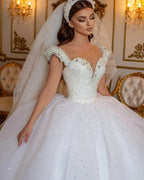 Glamorous Long Princess Off the Shoulder Beading Pearl Tulle Wedding Dress by BIZTUNNEL