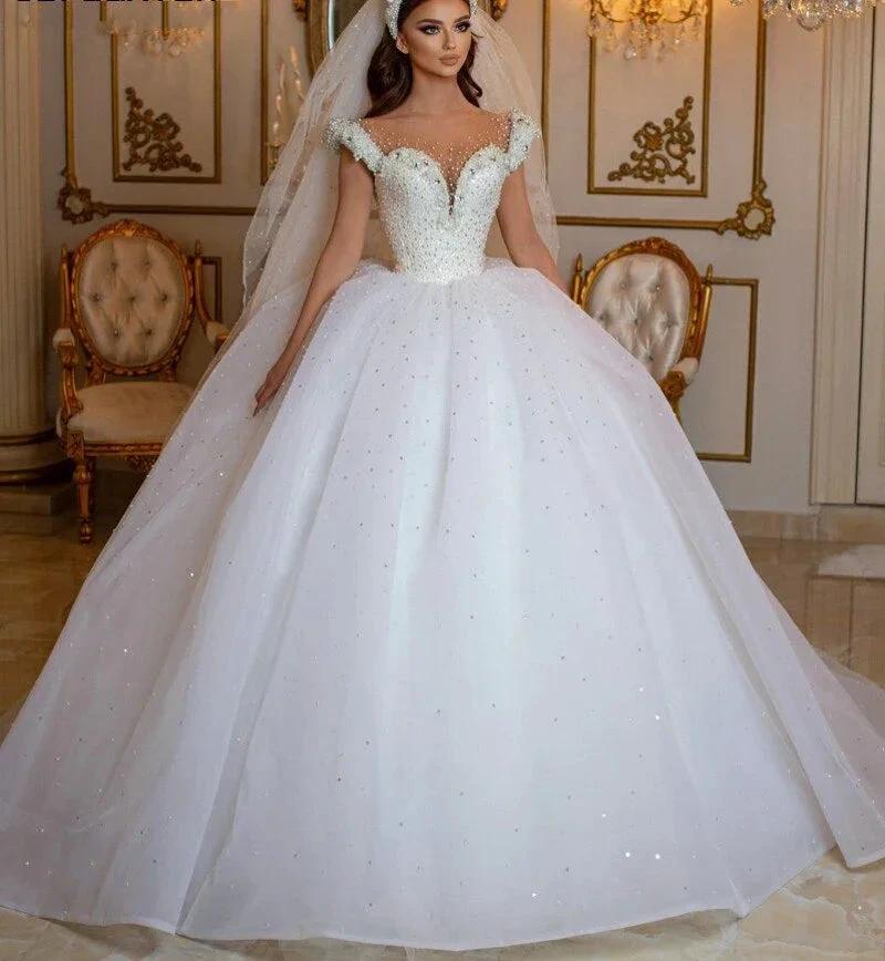 Glamorous Long Princess Off the Shoulder Beading Pearl Tulle Wedding Dress by BIZTUNNEL