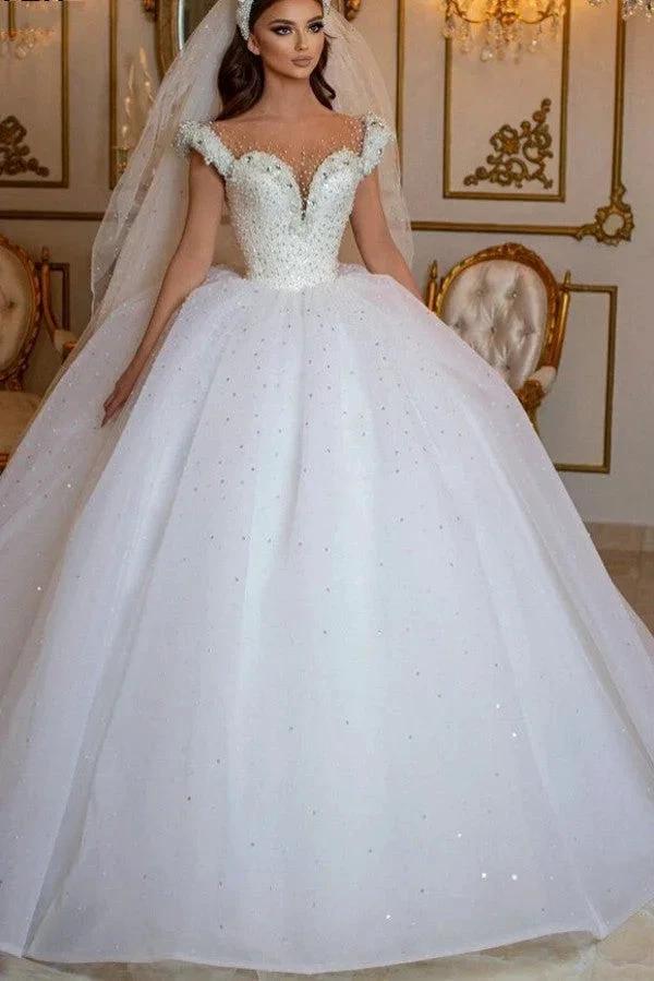 Glamorous Long Princess Off the Shoulder Beading Pearl Tulle Wedding Dress by BIZTUNNEL