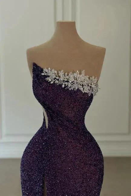 Glamorous Long Purple Strapless Sequined Beading Prom Dress with Slit by misshow.com