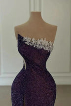 Glamorous Long Purple Strapless Sequined Beading Prom Dress with Slit by misshow.com