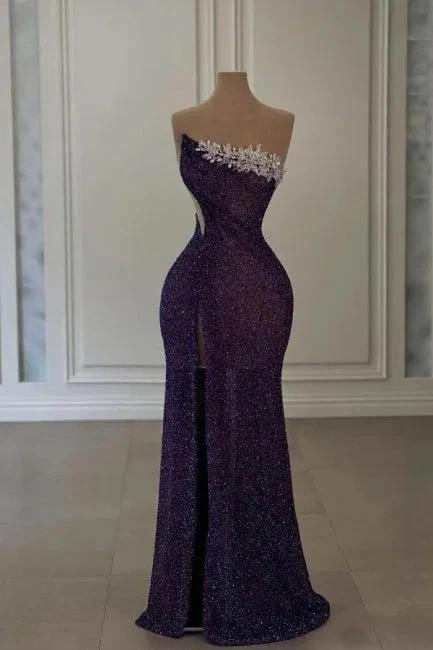 Glamorous Long Purple Strapless Sequined Beading Prom Dress with Slit by misshow.com